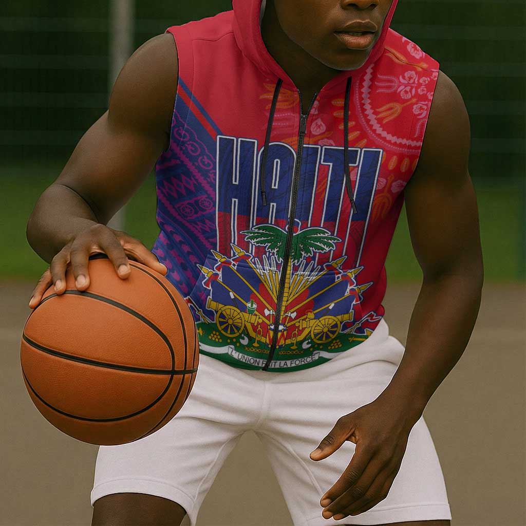Haiti National Emblem Sleeveless Zip Hoodie Dashiki and Polynesian Pattern - African Pride