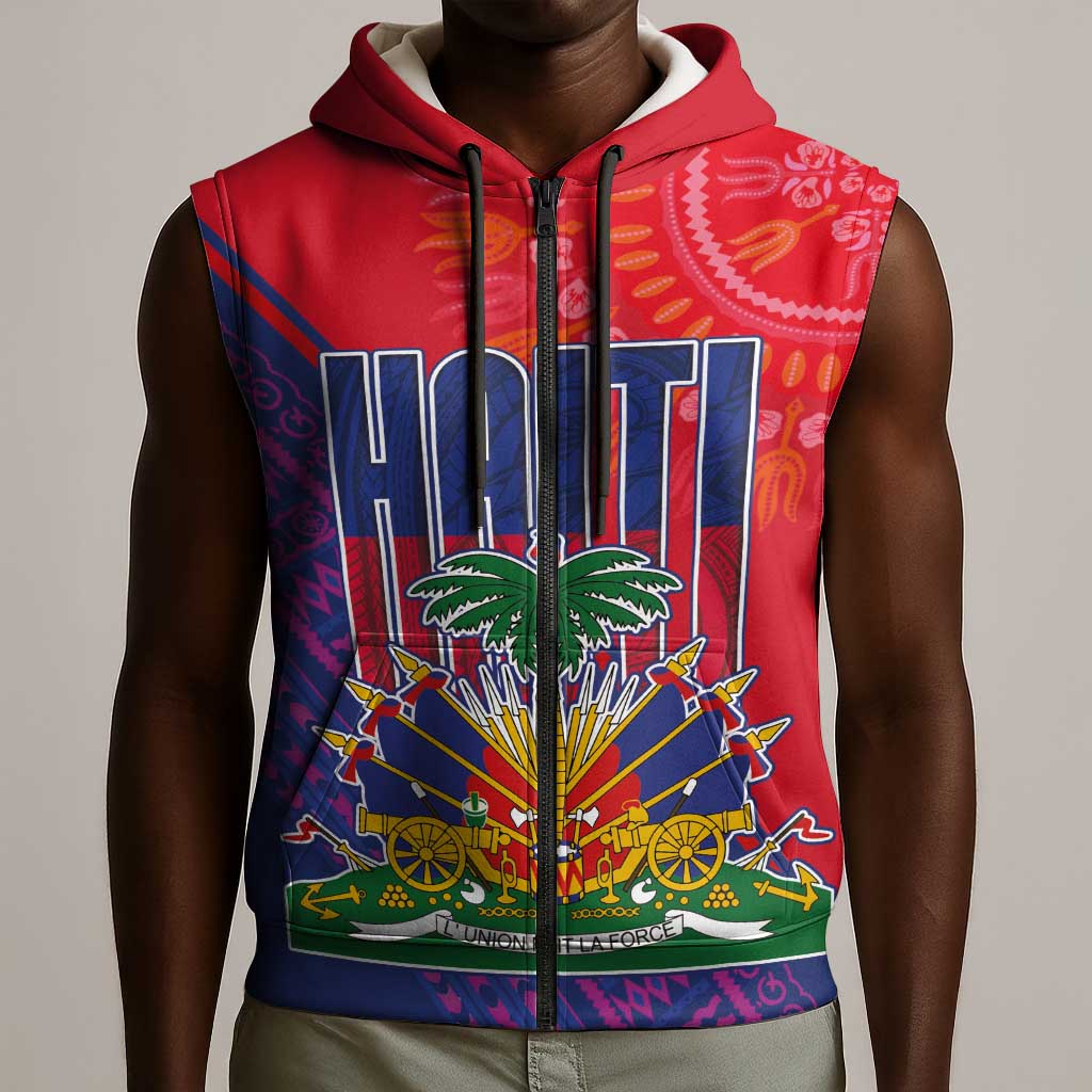 Haiti National Emblem Sleeveless Zip Hoodie Dashiki and Polynesian Pattern - African Pride