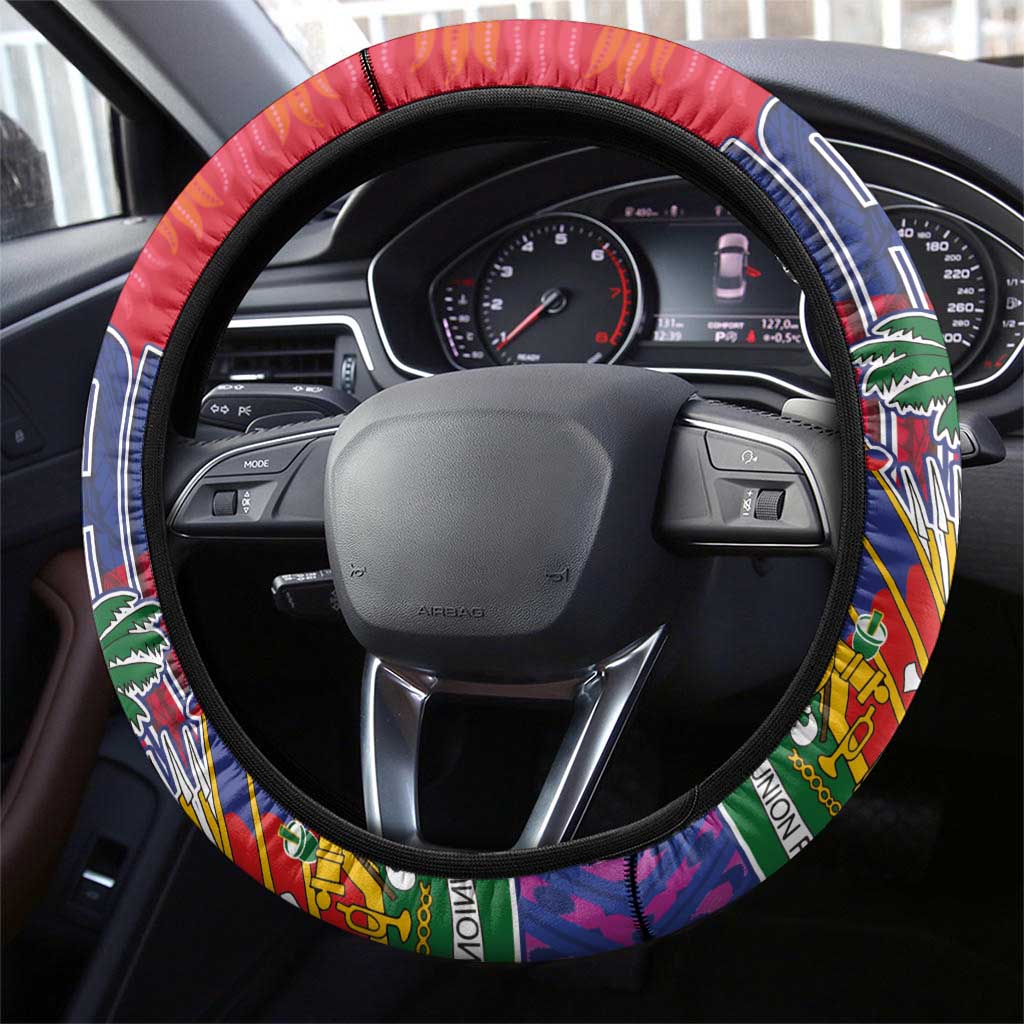 Haiti National Emblem Steering Wheel Cover Dashiki and Polynesian Pattern