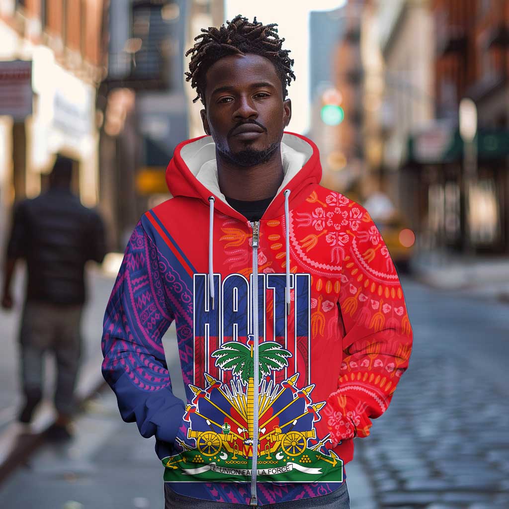 Haiti National Emblem Zip Hoodie Dashiki and Polynesian Pattern