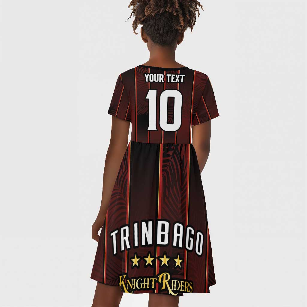 Custom Afro-Trinbago Cricket Knight Riders Kid Short Sleeve Dress Palm Leaves Stripes Style - African Pride