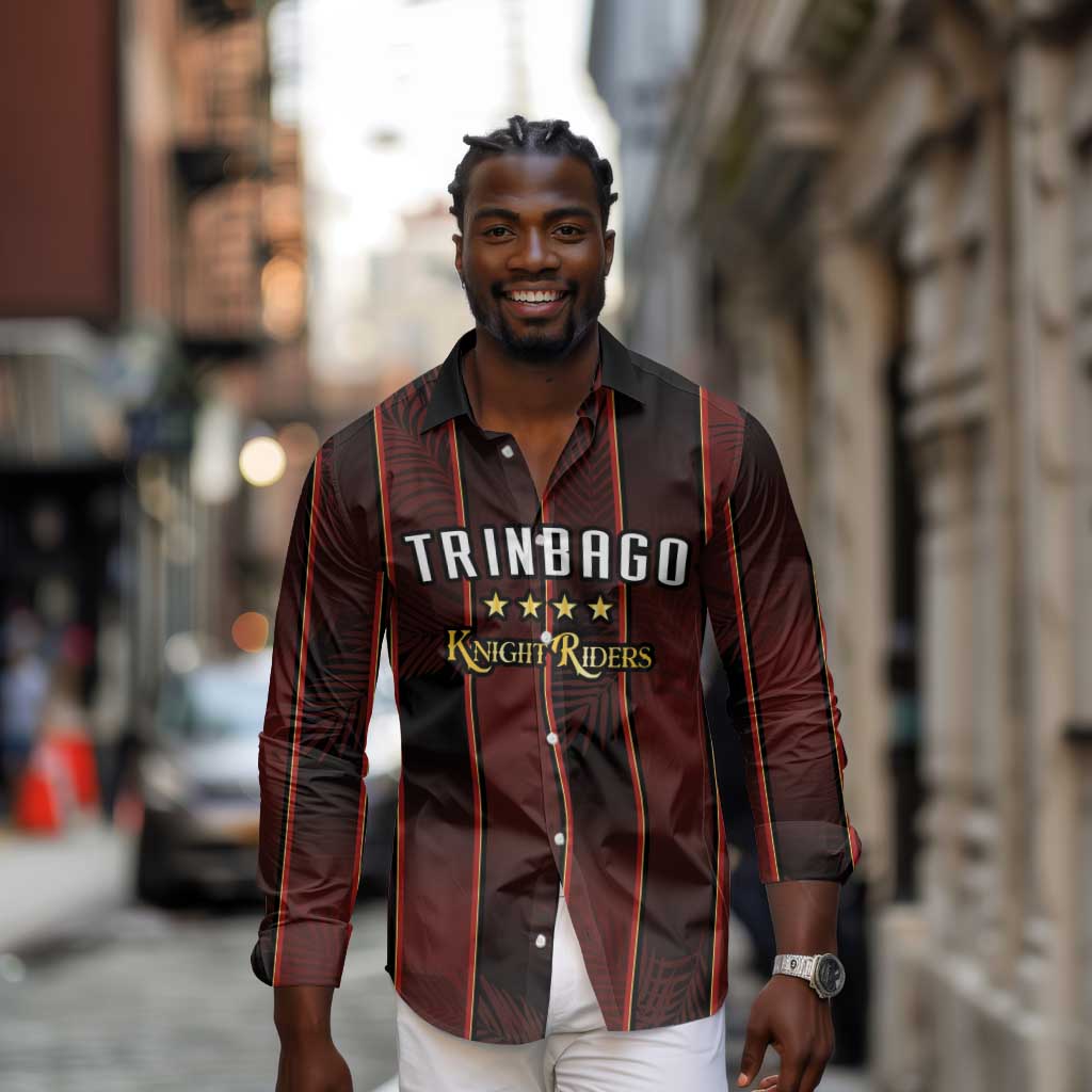 Custom Afro-Trinbago Cricket Knight Riders Long Sleeve Button Shirt Palm Leaves Stripes Style - African Pride
