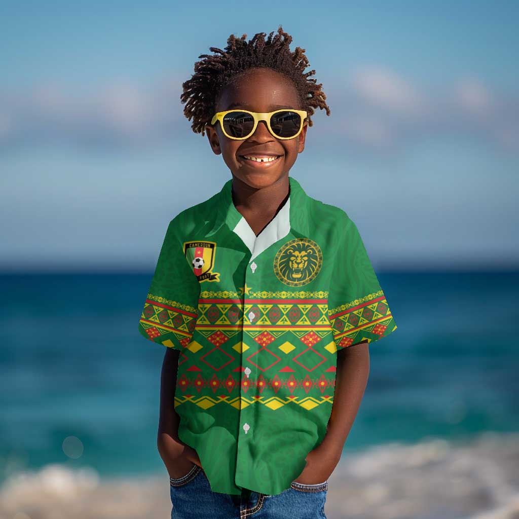 Custom Cameroon Football Kid Hawaiian Shirt Tribal Motifs Green Color - African Pride