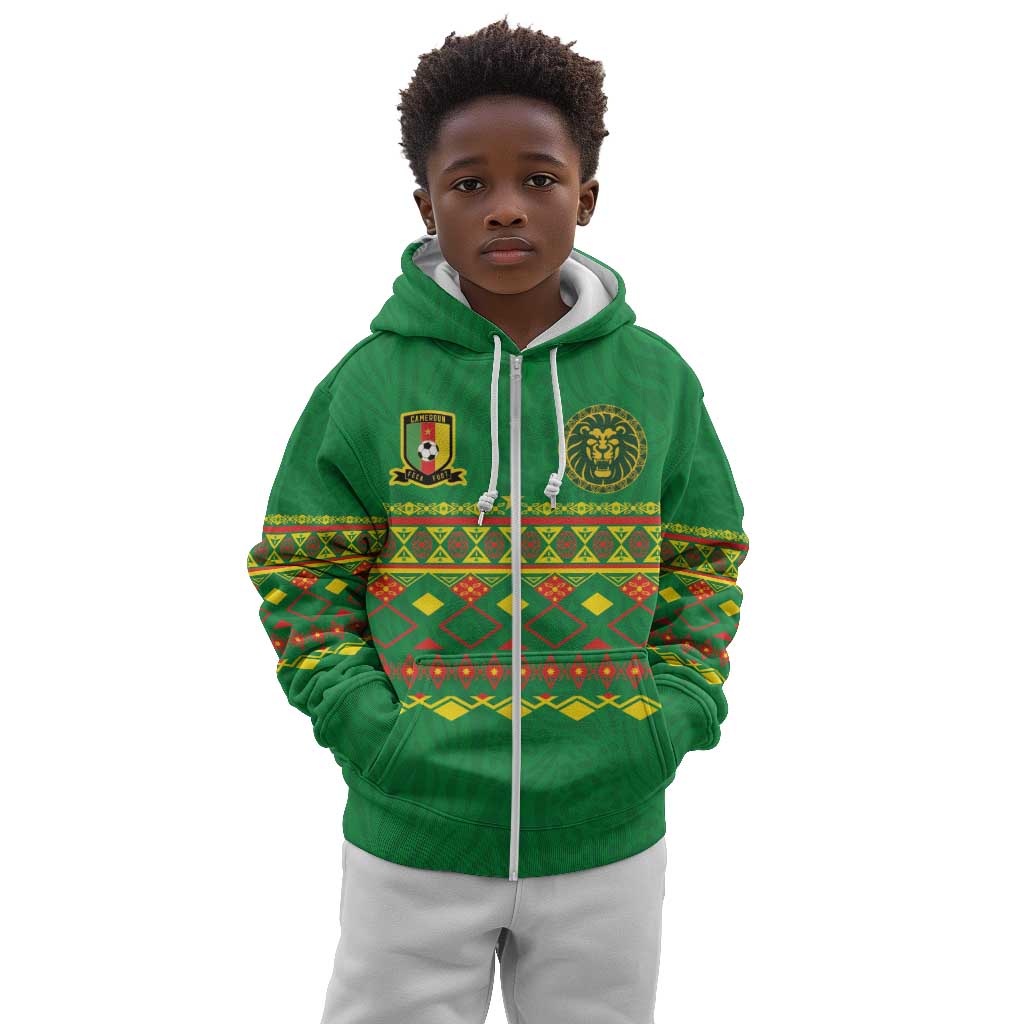 Custom Cameroon Football Kid Hoodie Tribal Motifs Green Color - African Pride
