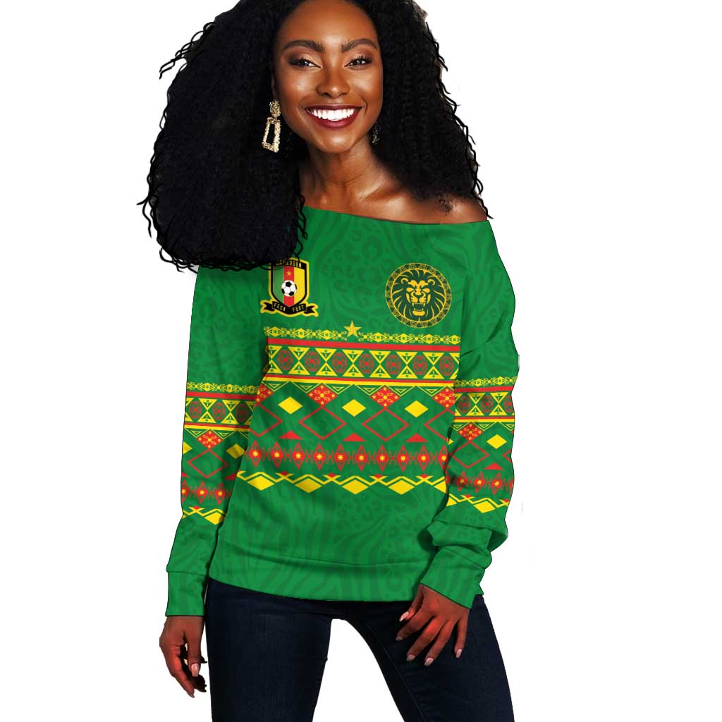 Custom Cameroon Football Off Shoulder Sweater Tribal Motifs Green Color - African Pride