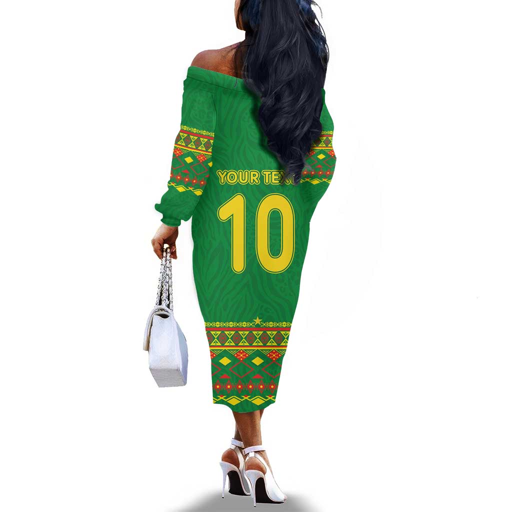 Custom Cameroon Football Off The Shoulder Long Sleeve Dress Tribal Motifs Green Color - African Pride
