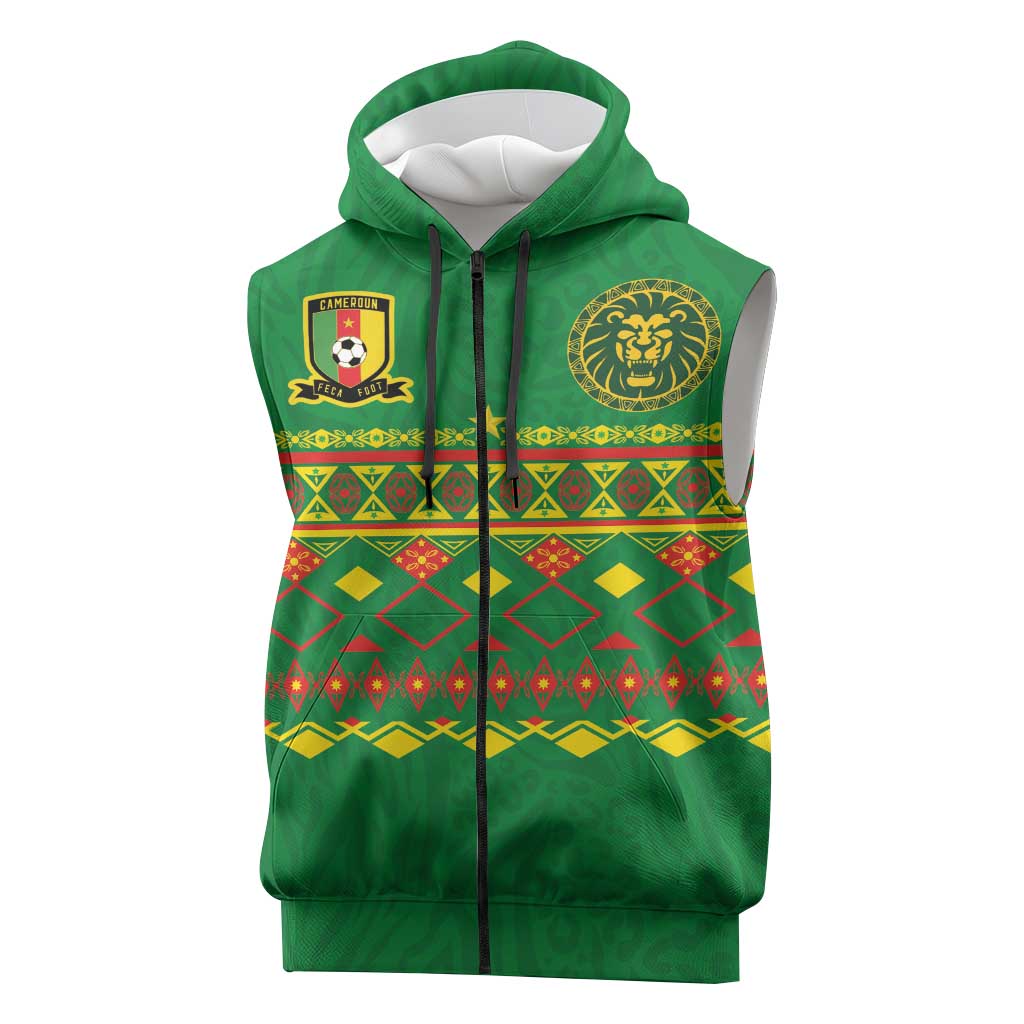Custom Cameroon Football Sleeveless Zip Hoodie Tribal Motifs Green Color - African Pride