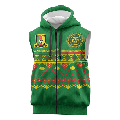 Custom Cameroon Football Sleeveless Zip Hoodie Tribal Motifs Green Color - African Pride