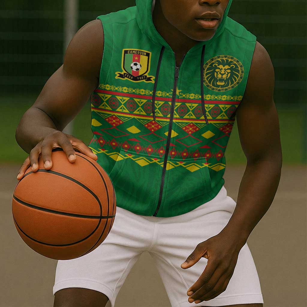 Custom Cameroon Football Sleeveless Zip Hoodie Tribal Motifs Green Color - African Pride