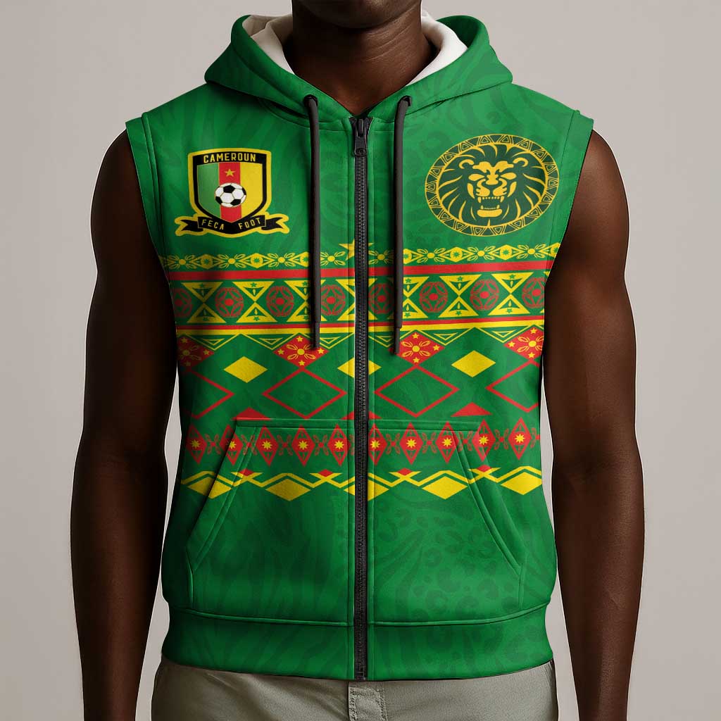 Custom Cameroon Football Sleeveless Zip Hoodie Tribal Motifs Green Color - African Pride