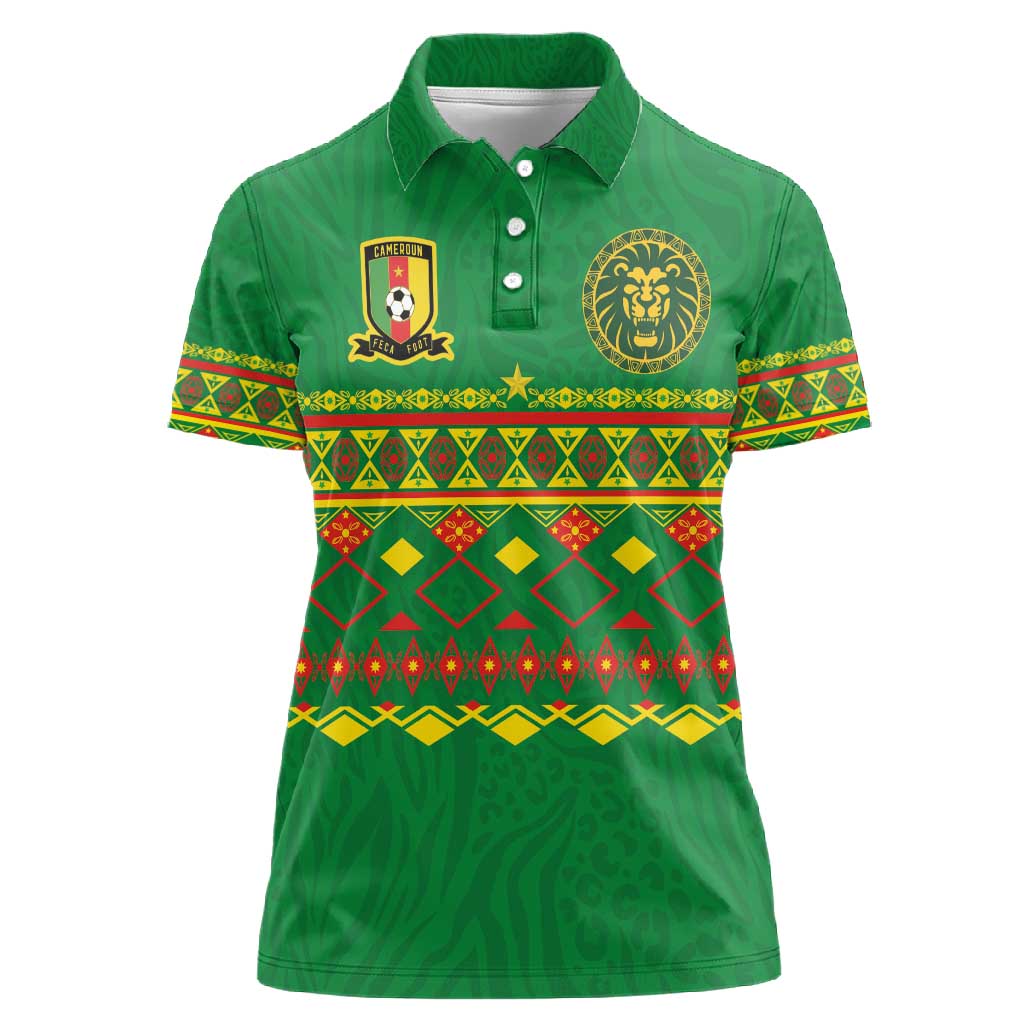Custom Cameroon Football Women Polo Shirt Tribal Motifs Green Color - African Pride