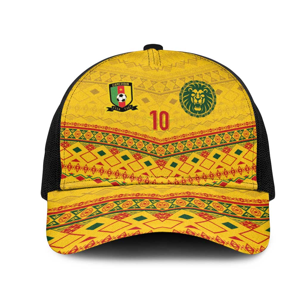 Custom Cameroon Football Mesh Trucker Cap Tribal Motifs Yellow Color - African Pride