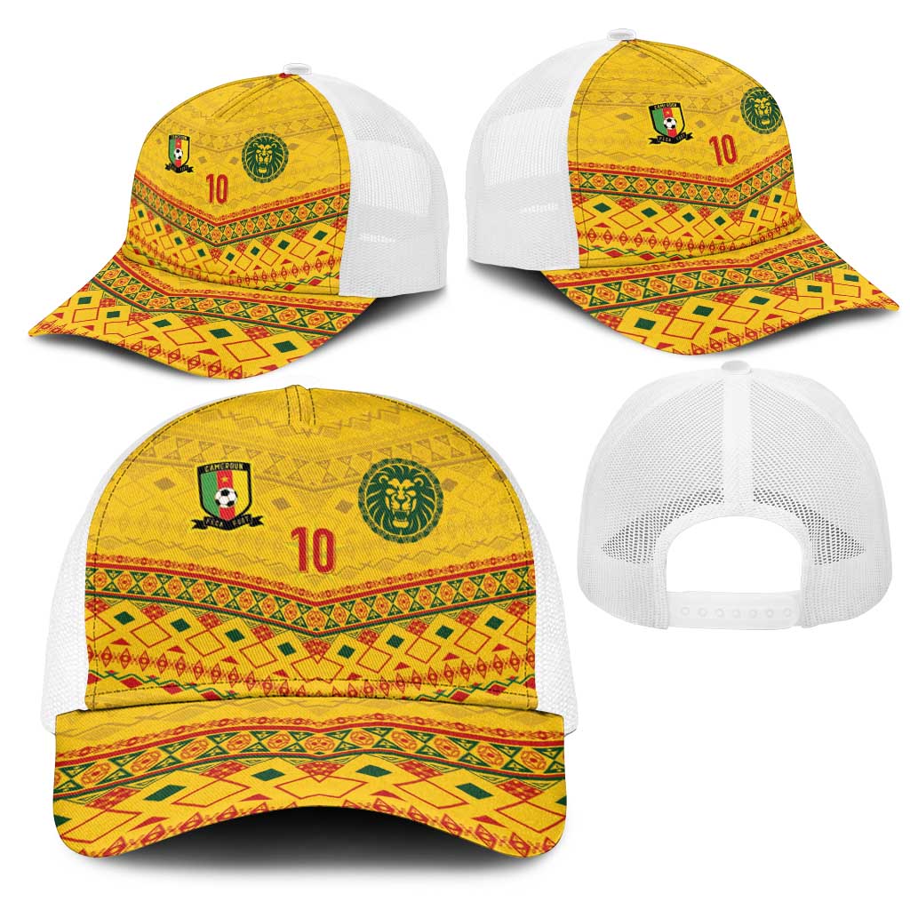 Custom Cameroon Football Mesh Trucker Cap Tribal Motifs Yellow Color - African Pride