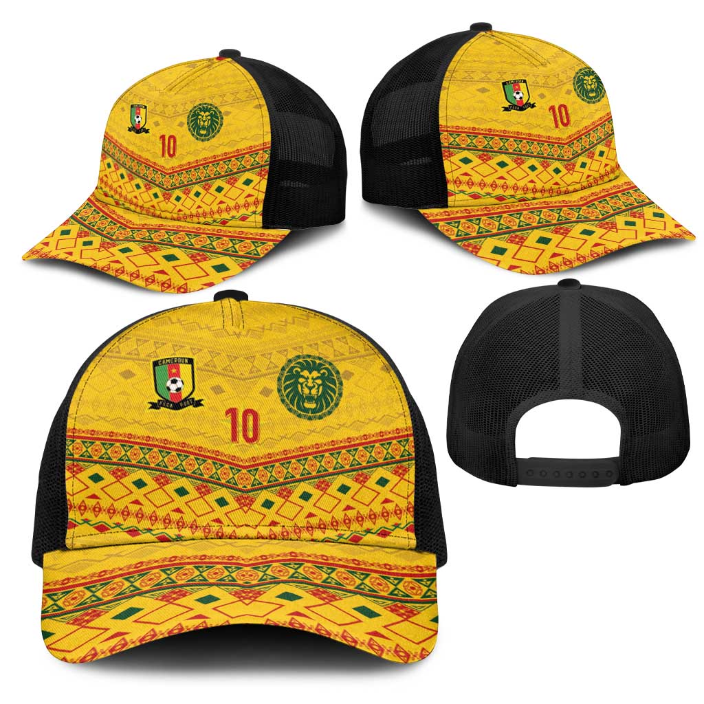 Custom Cameroon Football Mesh Trucker Cap Tribal Motifs Yellow Color - African Pride