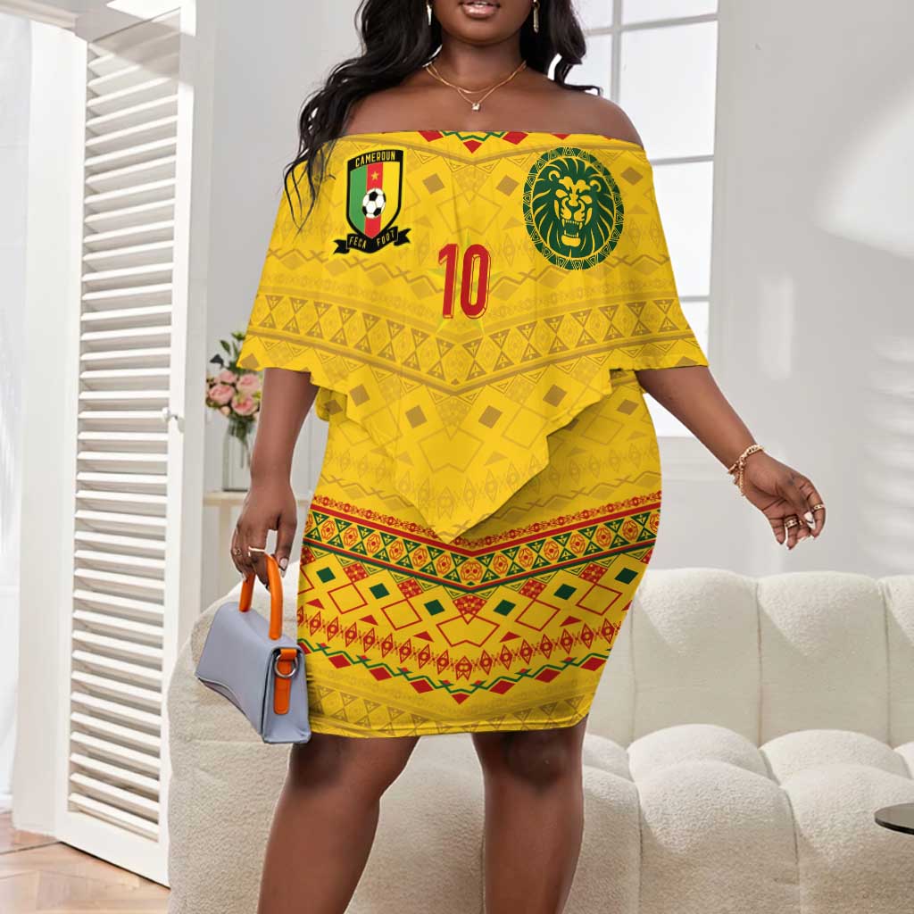 Custom Cameroon Football Off Shoulder Short Dress Tribal Motifs Yellow Color - African Pride