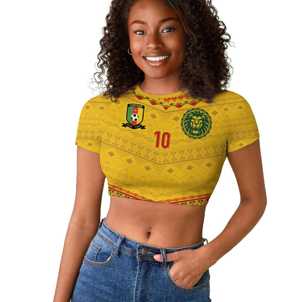 Custom Cameroon Football Raglan Cropped T shirt Tribal Motifs Yellow Color - African Pride
