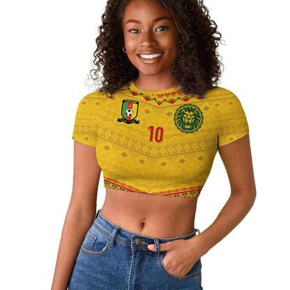 Custom Cameroon Football Raglan Cropped T shirt Tribal Motifs Yellow Color - African Pride
