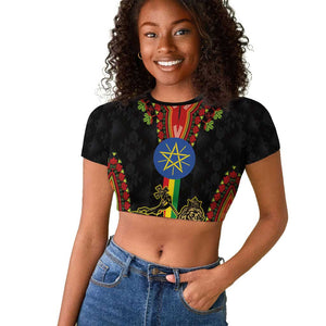 Ethiopia Lion of Judah and The Star Seal Raglan Cropped T shirt Dashiki Style
