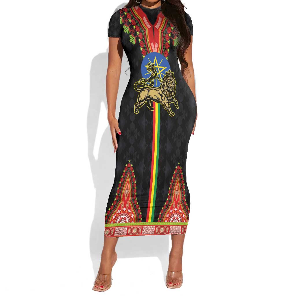 Ethiopia Lion of Judah and The Star Seal Short Sleeve Bodycon Dress Dashiki Style LT03