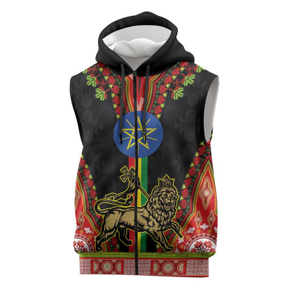 Ethiopia Lion of Judah and The Star Seal Sleeveless Zip Hoodie Dashiki Style - African Pride