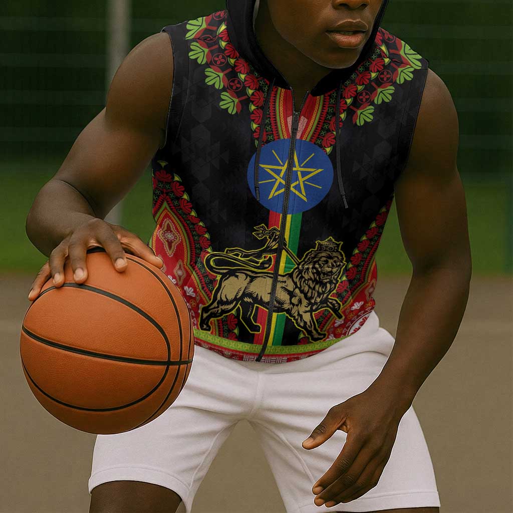 Ethiopia Lion of Judah and The Star Seal Sleeveless Zip Hoodie Dashiki Style - African Pride