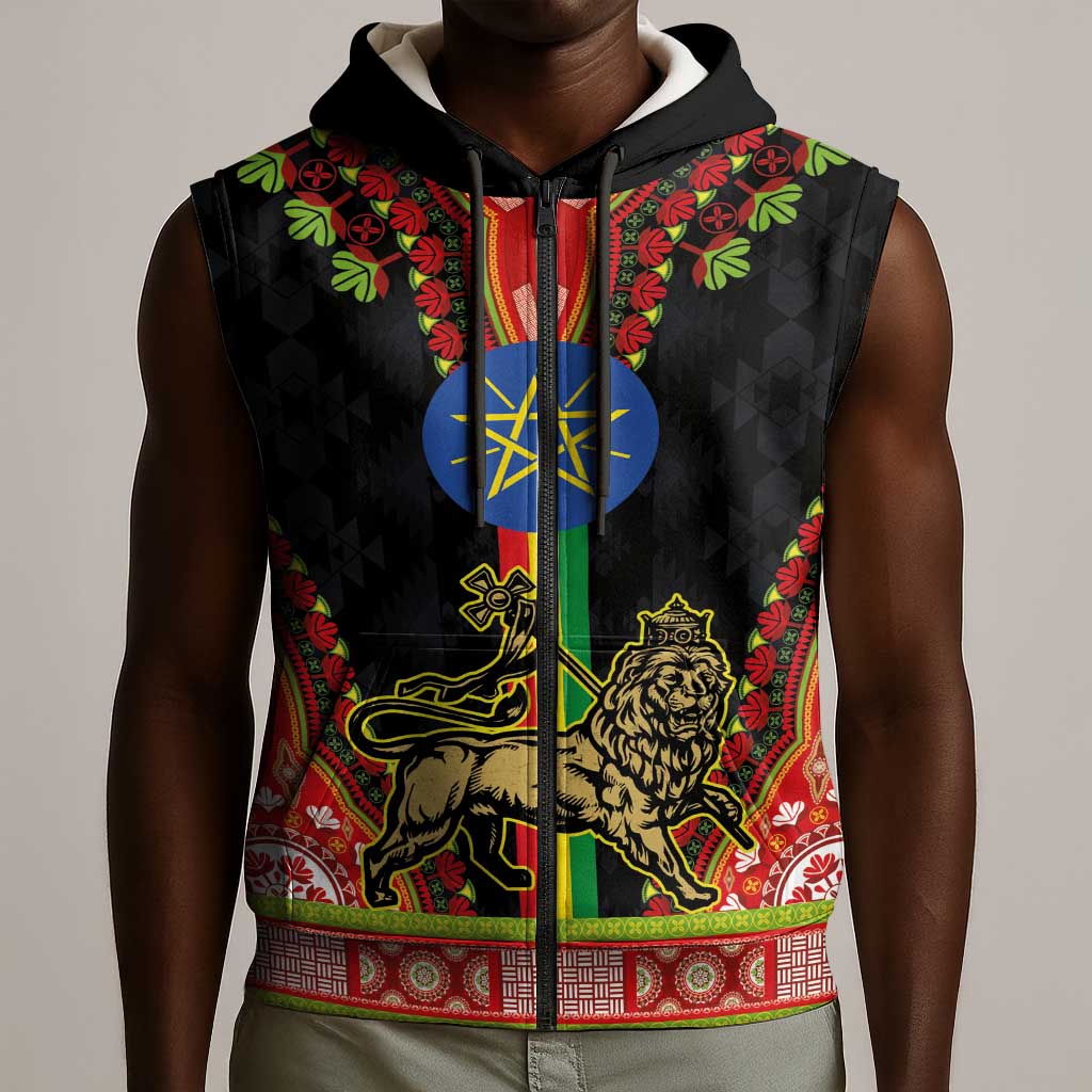 Ethiopia Lion of Judah and The Star Seal Sleeveless Zip Hoodie Dashiki Style - African Pride
