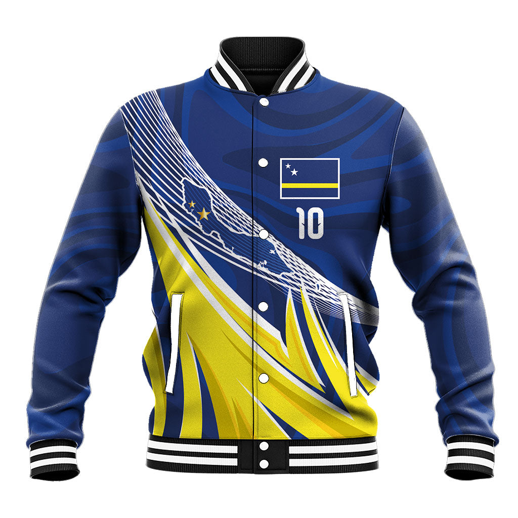 Curacao National Football Custom Baseball Jacket Abstract Sharp Wave Pattern Sporty Style with Map