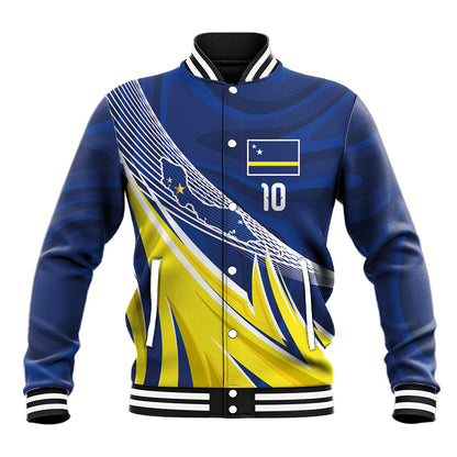 Curacao National Football Custom Baseball Jacket Abstract Sharp Wave Pattern Sporty Style with Map