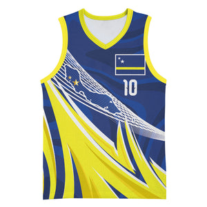 Curacao National Football Custom Basketball Jersey Abstract Sharp Wave Pattern Sporty Style with Map