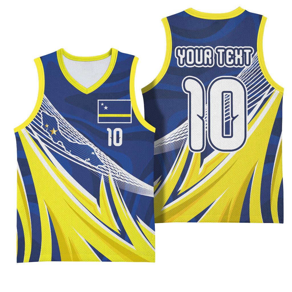 Curacao National Football Custom Basketball Jersey Abstract Sharp Wave Pattern Sporty Style with Map