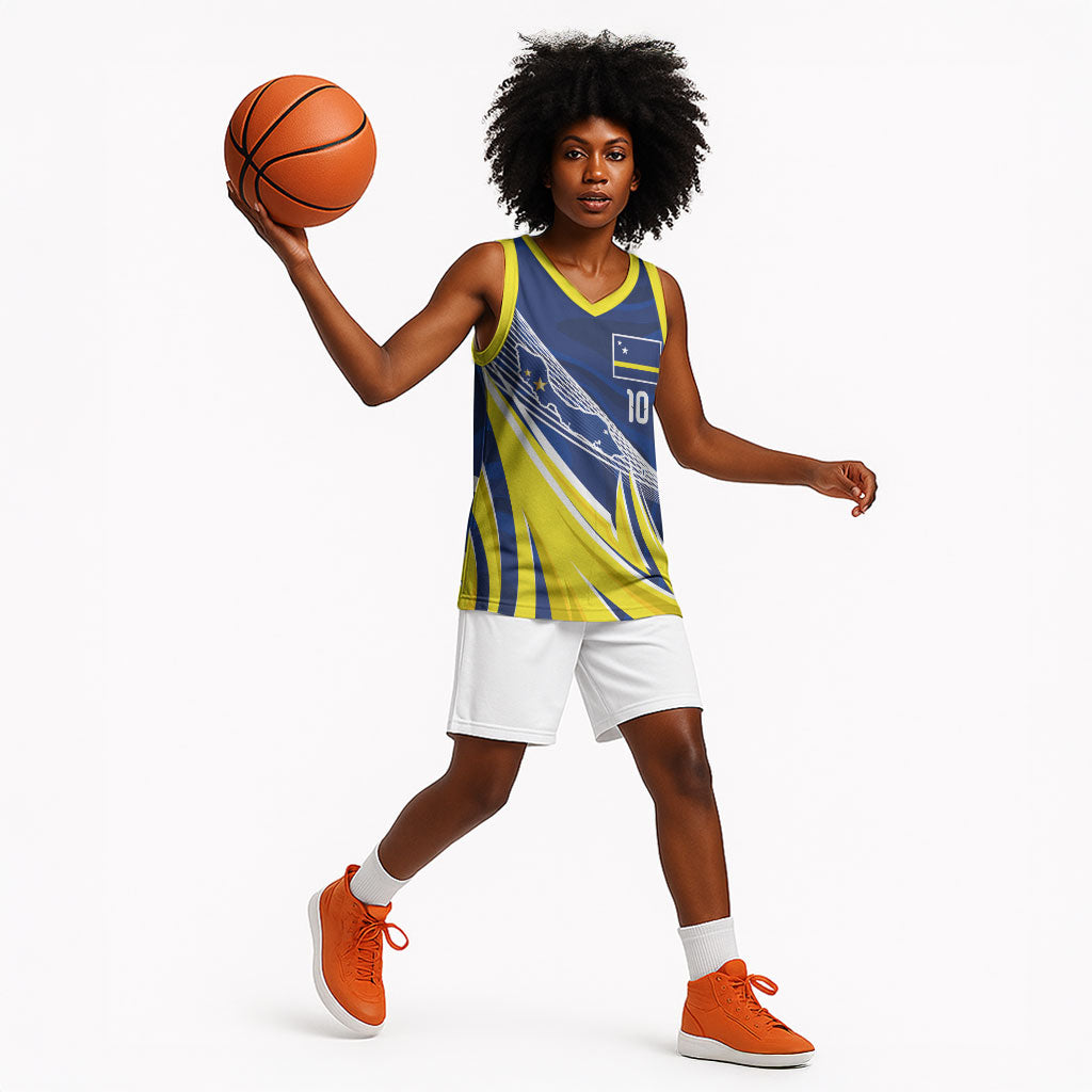 Curacao National Football Custom Basketball Jersey Abstract Sharp Wave Pattern Sporty Style with Map