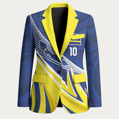Curacao National Football Custom Blazer Abstract Sharp Wave Pattern Sporty Style with Map