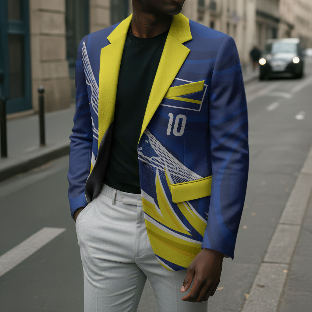 Curacao National Football Custom Blazer Abstract Sharp Wave Pattern Sporty Style with Map
