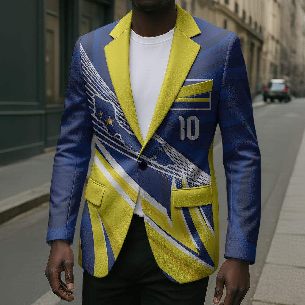Curacao National Football Custom Blazer Abstract Sharp Wave Pattern Sporty Style with Map