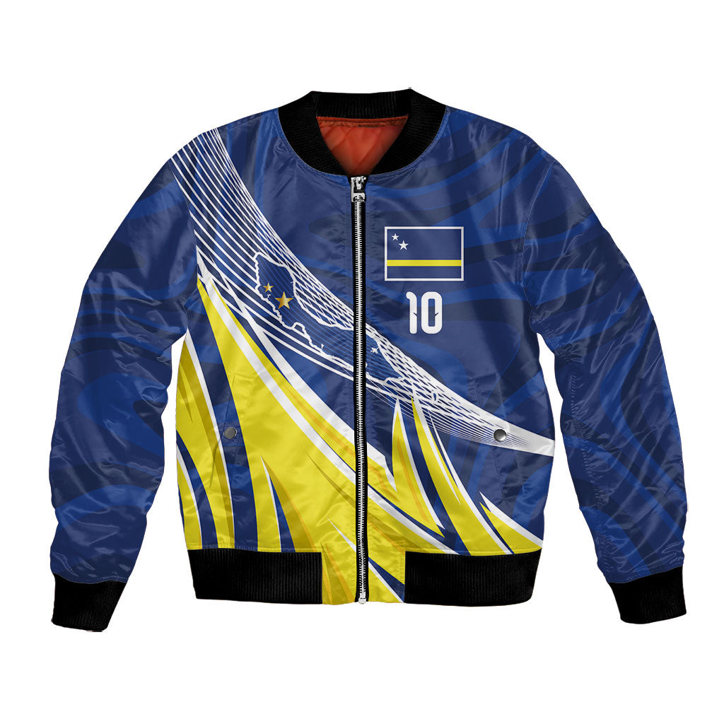Curacao National Football Custom Bomber Jacket Abstract Sharp Wave Pattern Sporty Style with Map