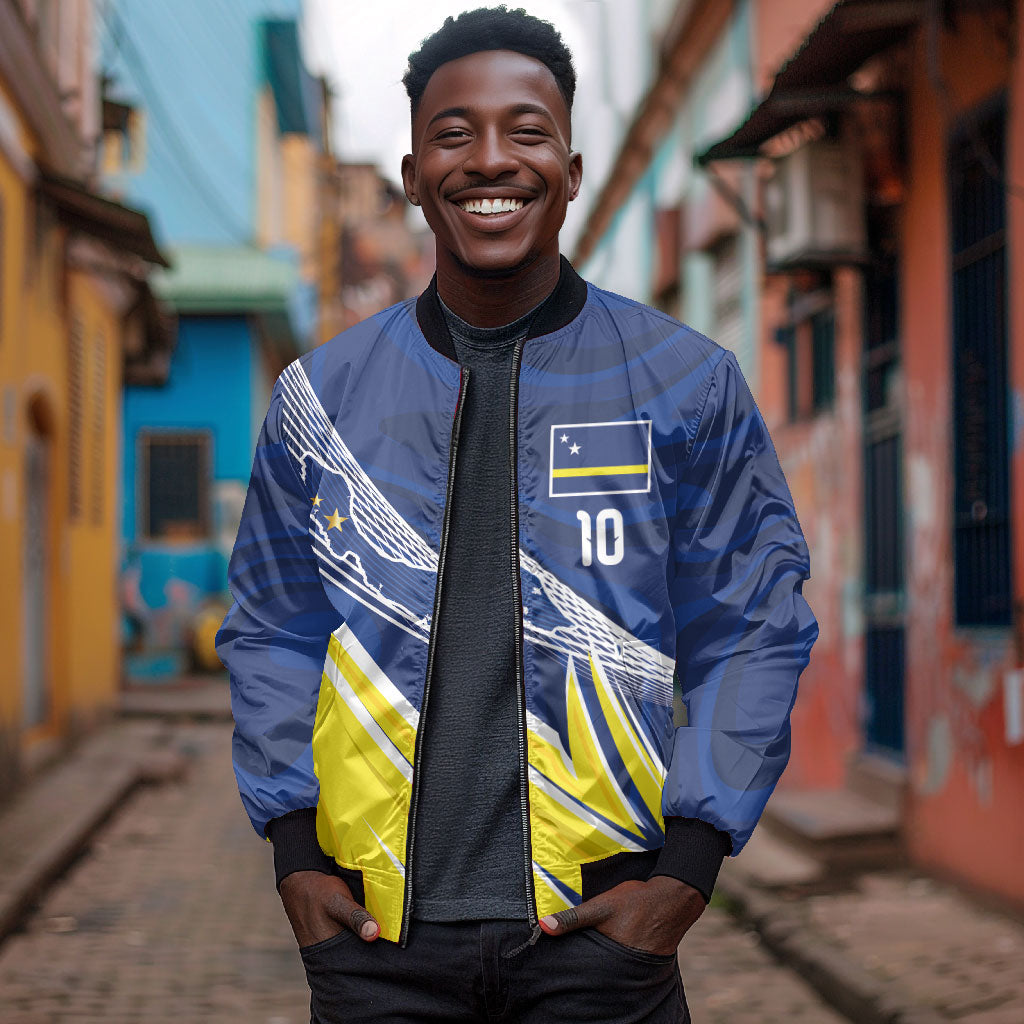 Curacao National Football Custom Bomber Jacket Abstract Sharp Wave Pattern Sporty Style with Map