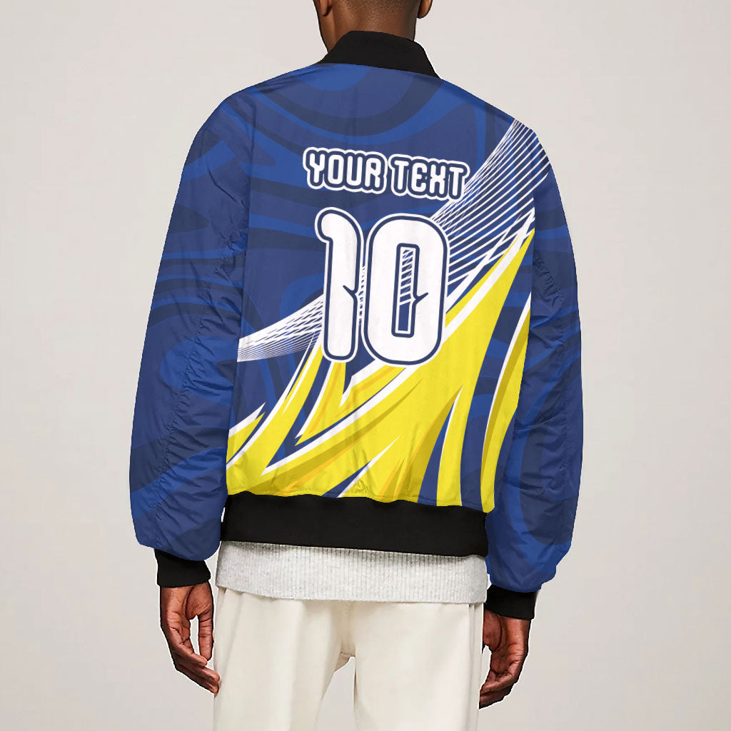 Curacao National Football Custom Bomber Jacket Abstract Sharp Wave Pattern Sporty Style with Map