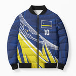 Curacao National Football Custom Bomber Puffer Jacket Abstract Sharp Wave Pattern Sporty Style with Map