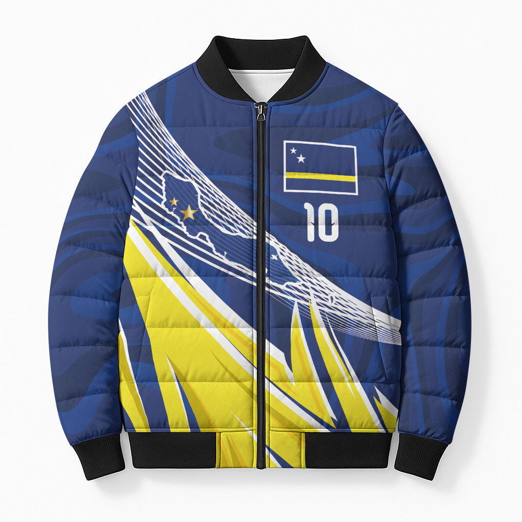 Curacao National Football Custom Bomber Puffer Jacket Abstract Sharp Wave Pattern Sporty Style with Map