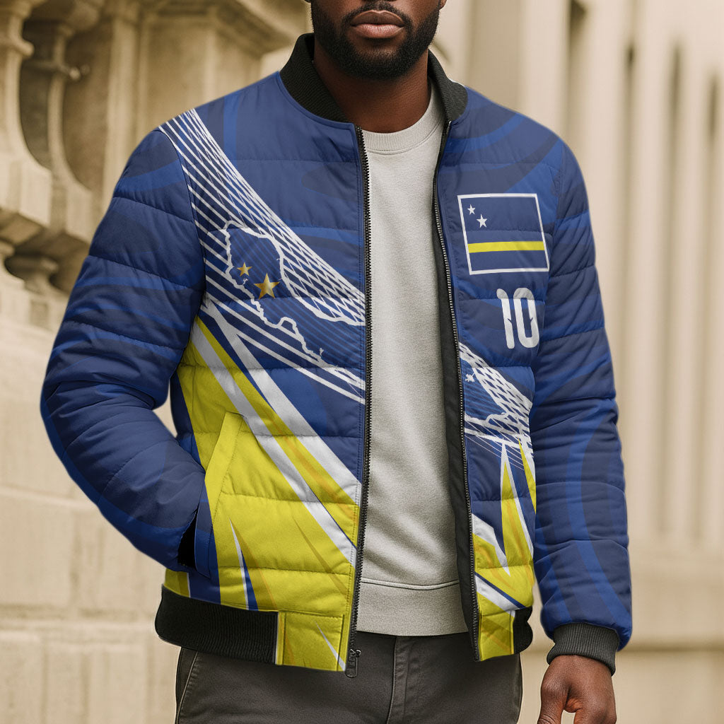 Curacao National Football Custom Bomber Puffer Jacket Abstract Sharp Wave Pattern Sporty Style with Map