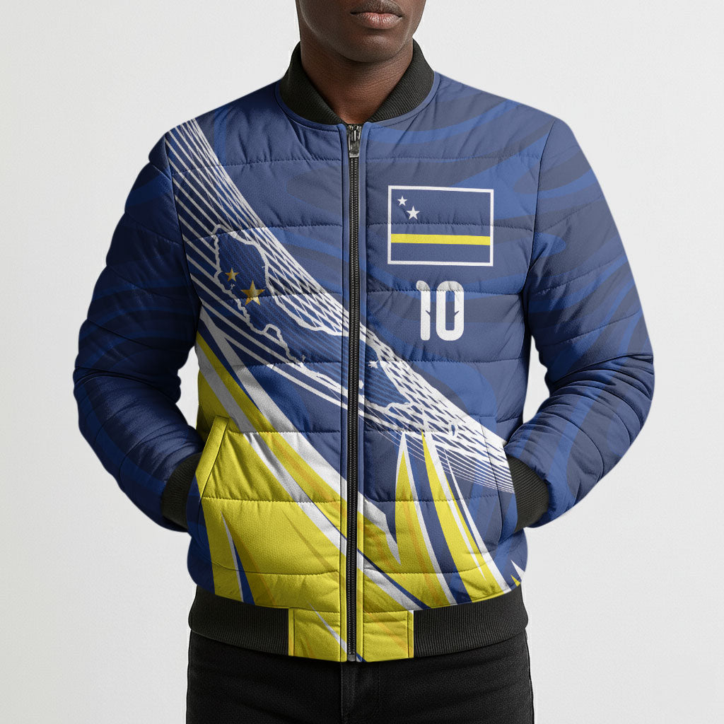 Curacao National Football Custom Bomber Puffer Jacket Abstract Sharp Wave Pattern Sporty Style with Map