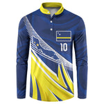 Curacao National Football Custom Button Sweatshirt Abstract Sharp Wave Pattern Sporty Style with Map