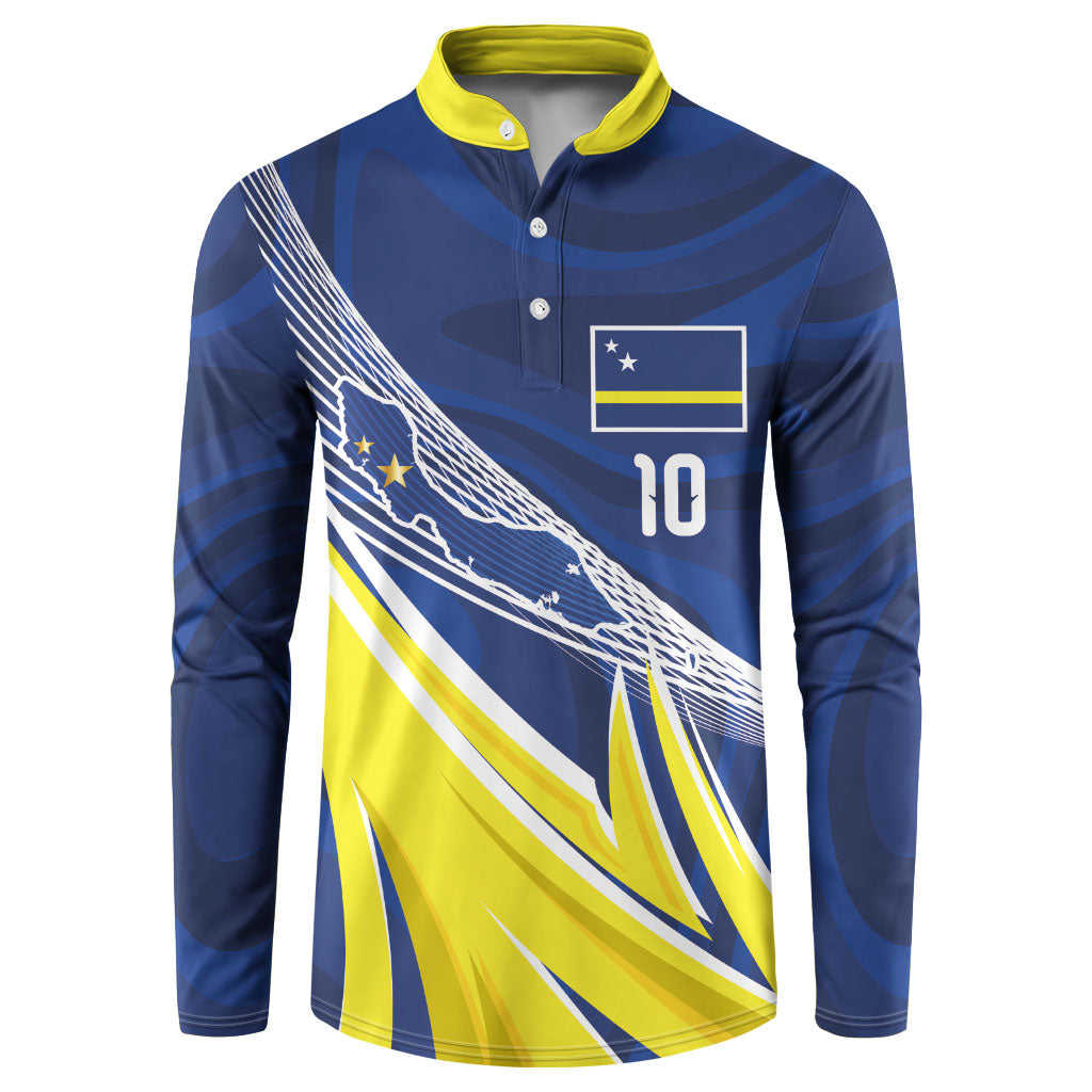 Curacao National Football Custom Button Sweatshirt Abstract Sharp Wave Pattern Sporty Style with Map