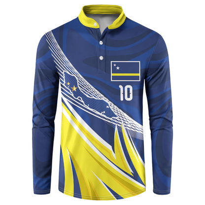 Curacao National Football Custom Button Sweatshirt Abstract Sharp Wave Pattern Sporty Style with Map