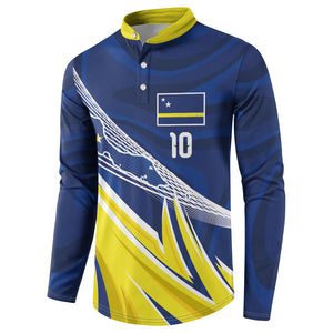 Curacao National Football Custom Button Sweatshirt Abstract Sharp Wave Pattern Sporty Style with Map