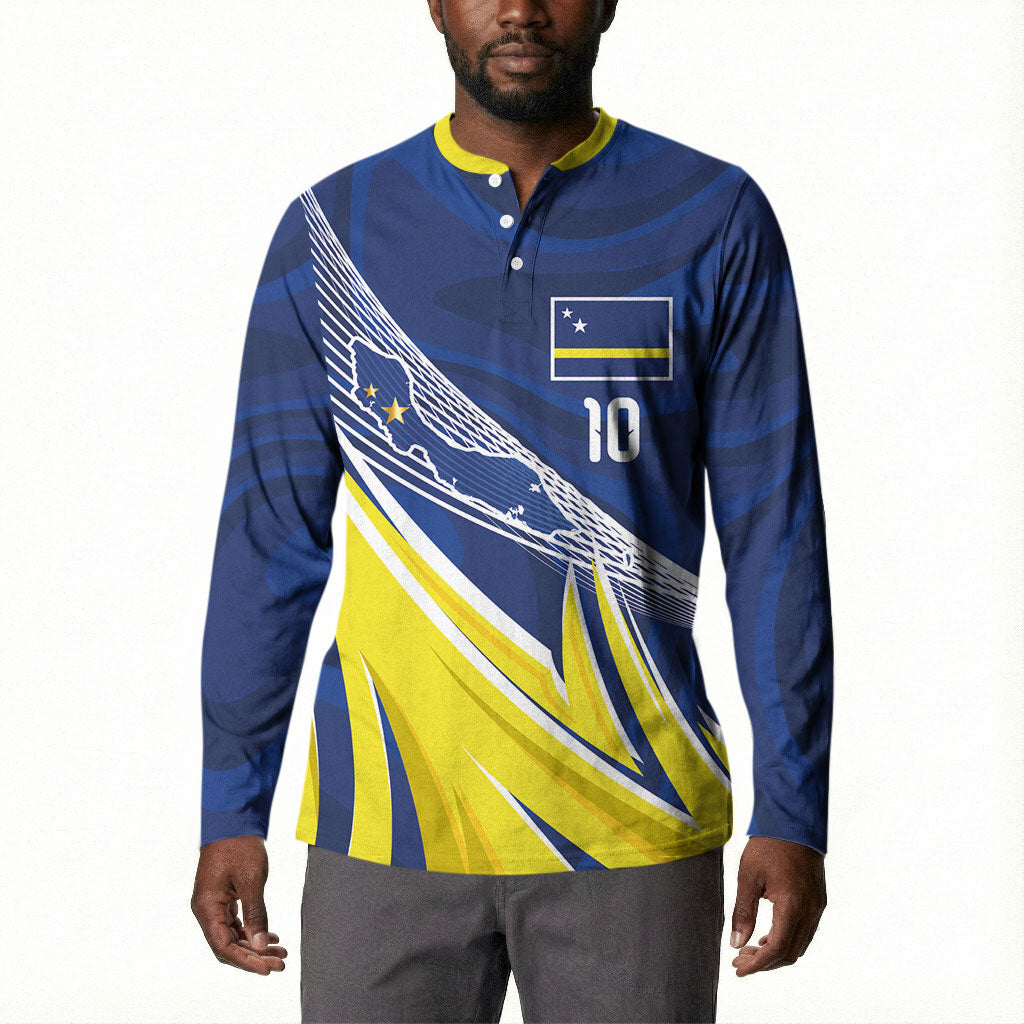 Curacao National Football Custom Button Sweatshirt Abstract Sharp Wave Pattern Sporty Style with Map