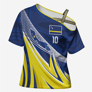 Curacao National Football Custom Cross Shoulder Shirt Abstract Sharp Wave Pattern Sporty Style with Map