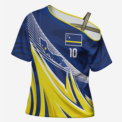 Curacao National Football Custom Cross Shoulder Shirt Abstract Sharp Wave Pattern Sporty Style with Map
