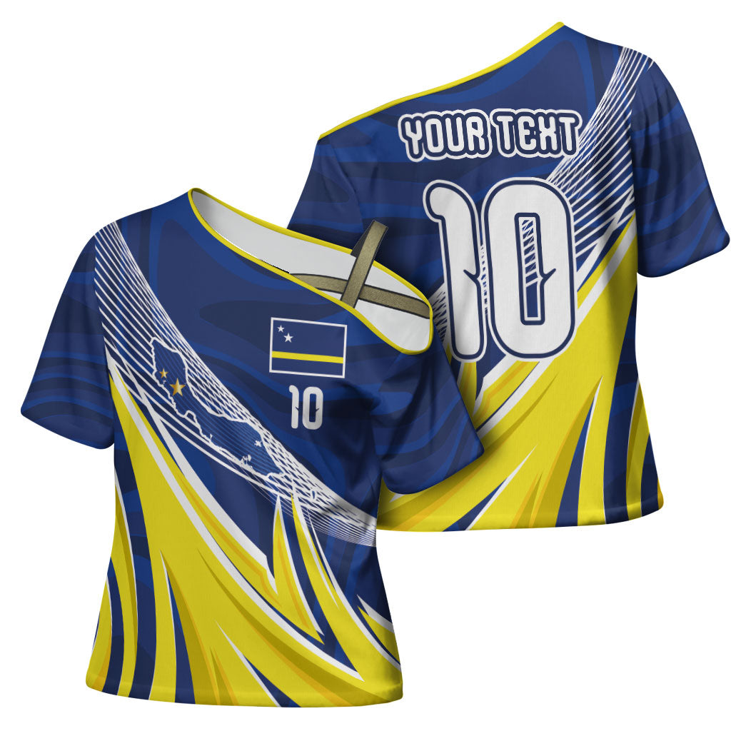 Curacao National Football Custom Cross Shoulder Shirt Abstract Sharp Wave Pattern Sporty Style with Map