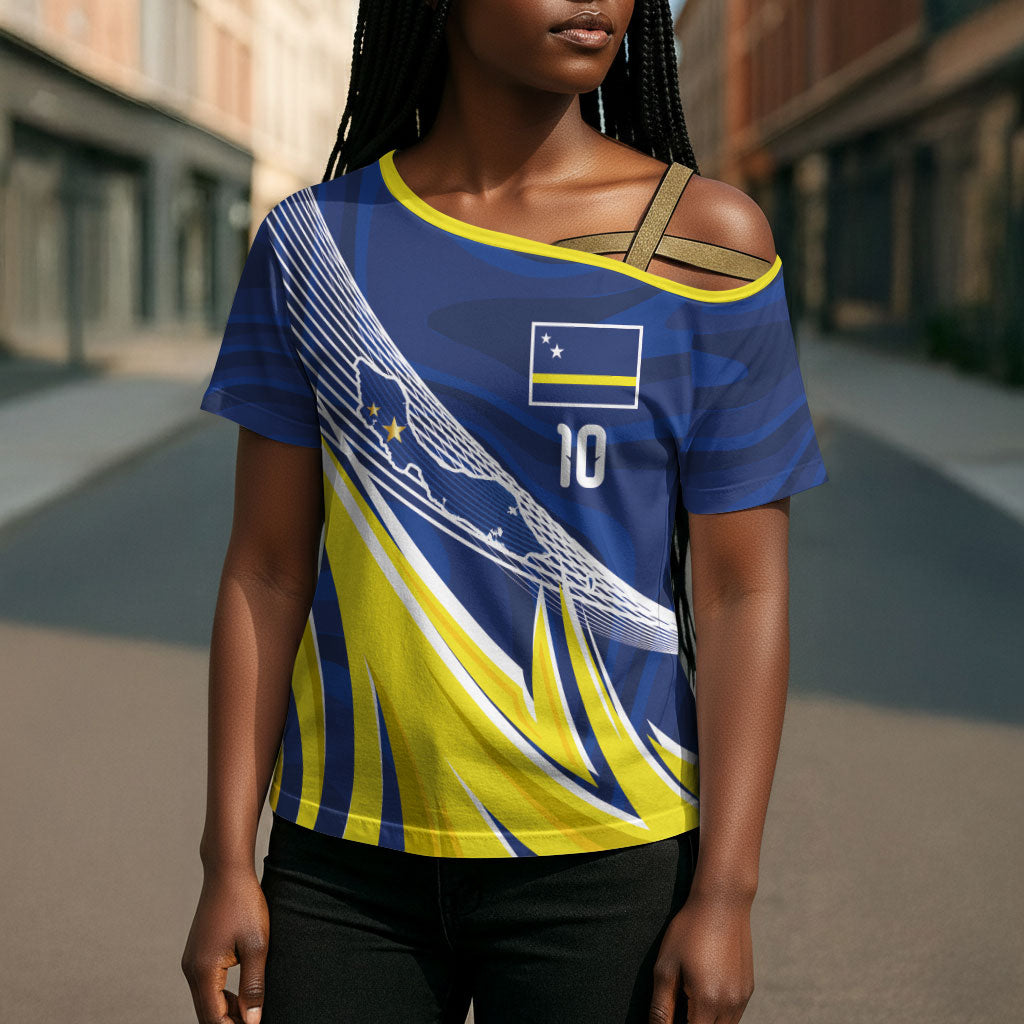 Curacao National Football Custom Cross Shoulder Shirt Abstract Sharp Wave Pattern Sporty Style with Map